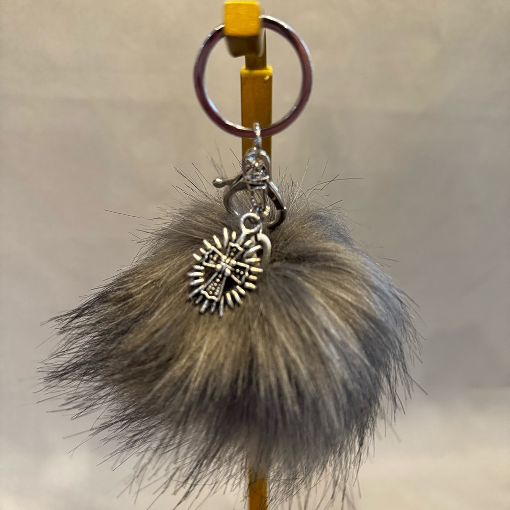 Hand Crafted Gray and Silver Fur Keychain with Silver Cross Charm